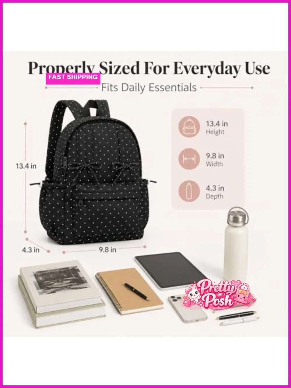 Polka Dot Nylon Backpack with Bow for Women College Daypack
